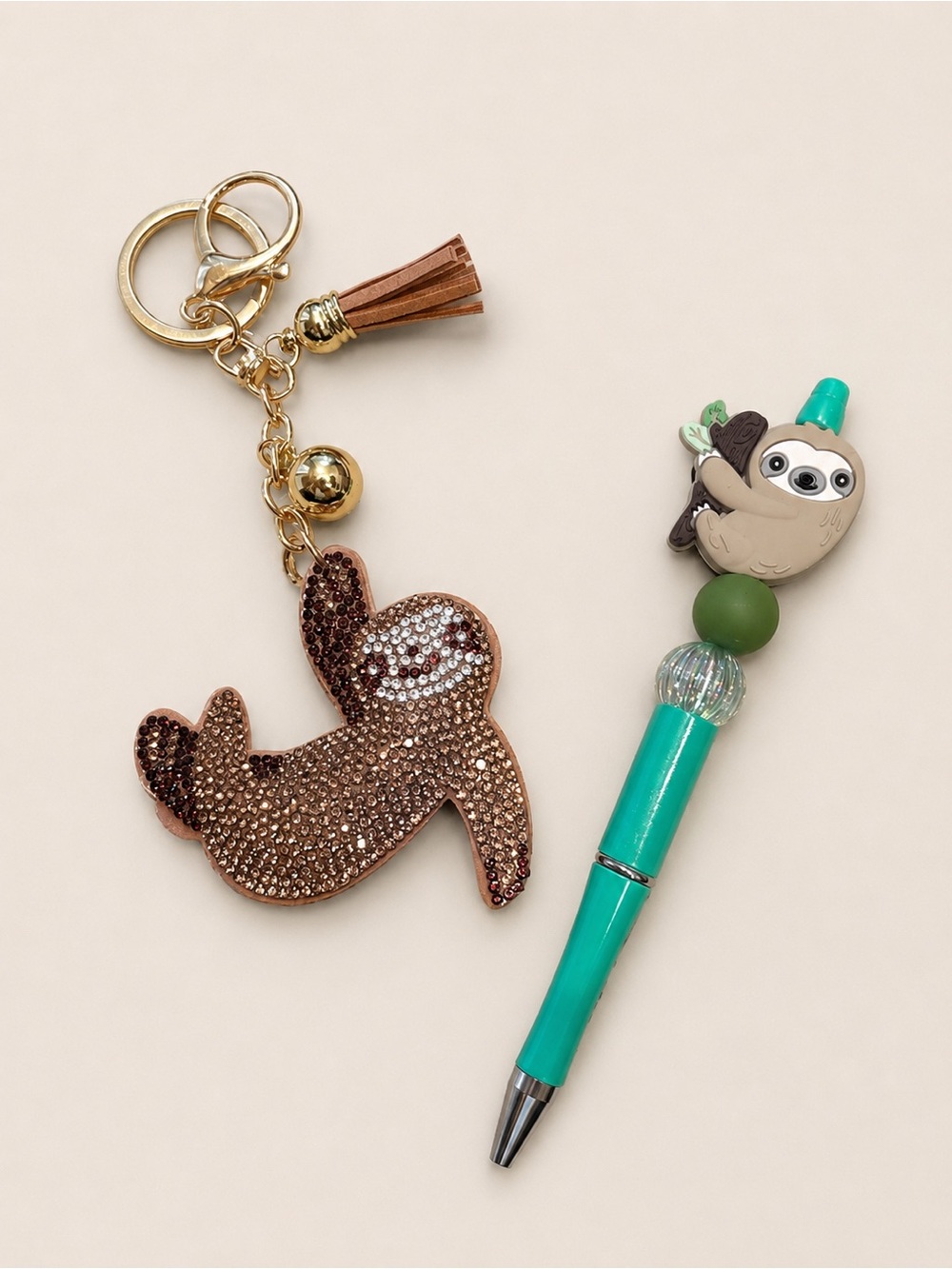 Sloth Pen & Rhinestone Sloth Keychain Bundle Cute Kawaii Desk Accessory Gift Set